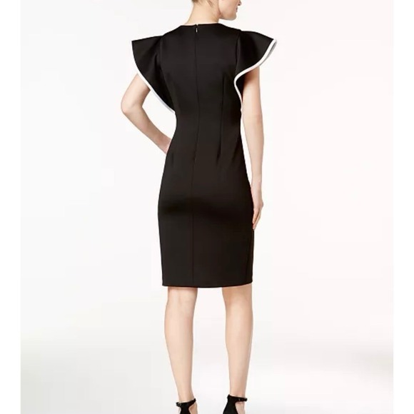 Calvin Klein Black White Piped Ruffle‎ Stretch Scuba Knit Sheath Dress Size 12 - Picture 2 of 10